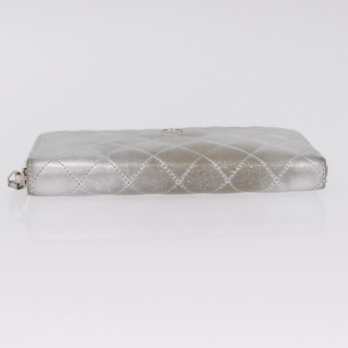 CHANEL Matelasse Long Wallet Lamb Skin Silver CC Auth 208350