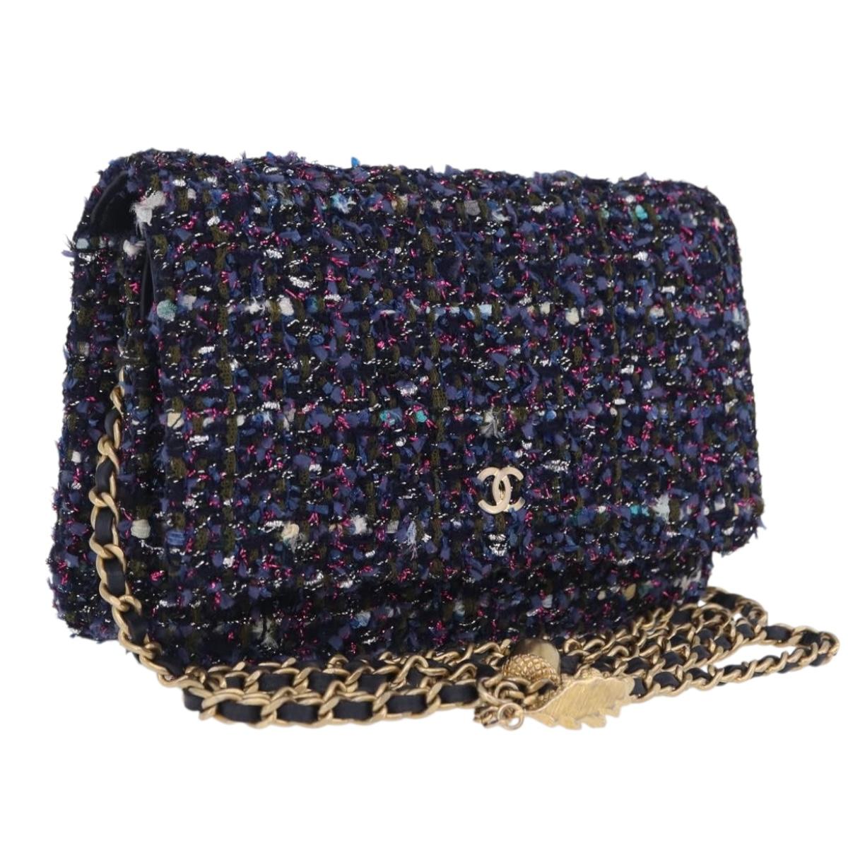 CHANEL Chain wallet Shoulder Bag Tweed Navy Gold CC Auth 208352SAM