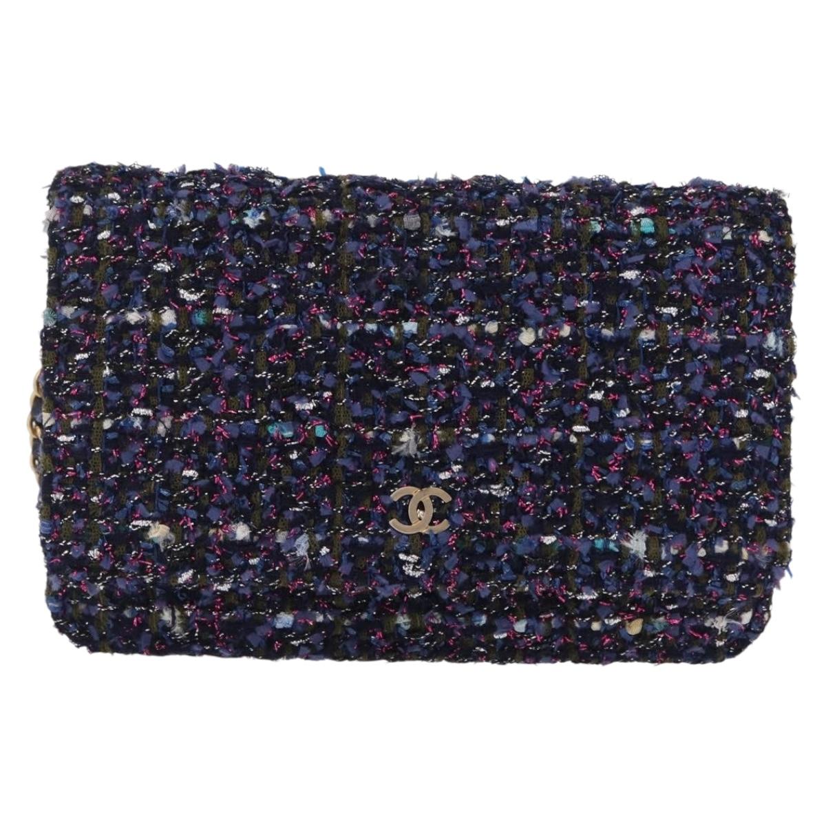 CHANEL Chain wallet Shoulder Bag Tweed Navy Gold CC Auth 208352SAM
