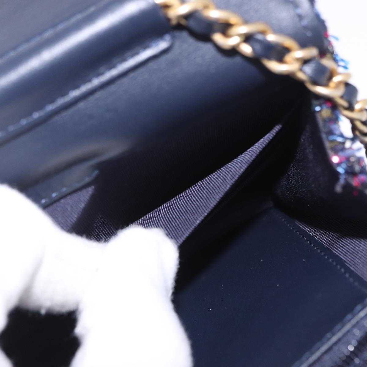 CHANEL Chain wallet Shoulder Bag Tweed Navy Gold CC Auth 208352SAM
