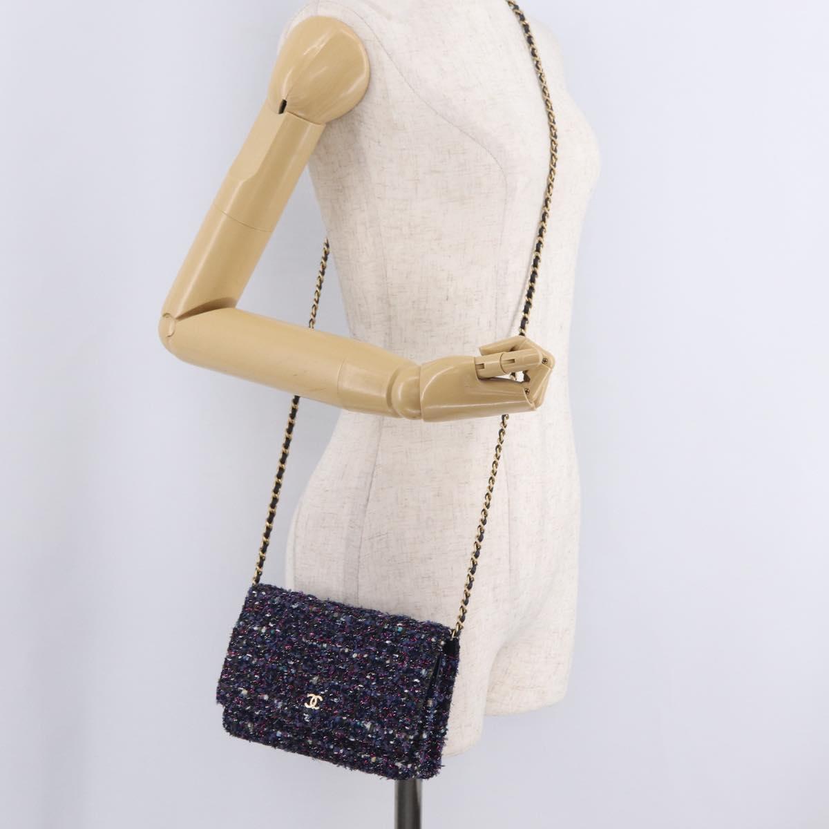 CHANEL Chain wallet Shoulder Bag Tweed Navy Gold CC Auth 208352SAM