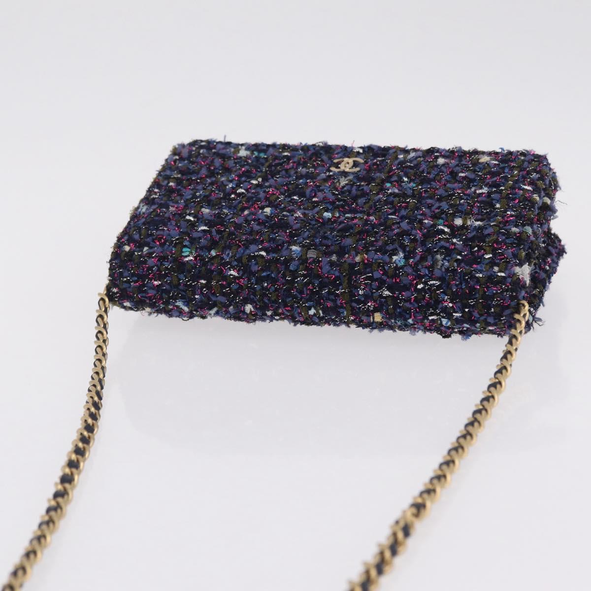 CHANEL Chain wallet Shoulder Bag Tweed Navy Gold CC Auth 208352SAM