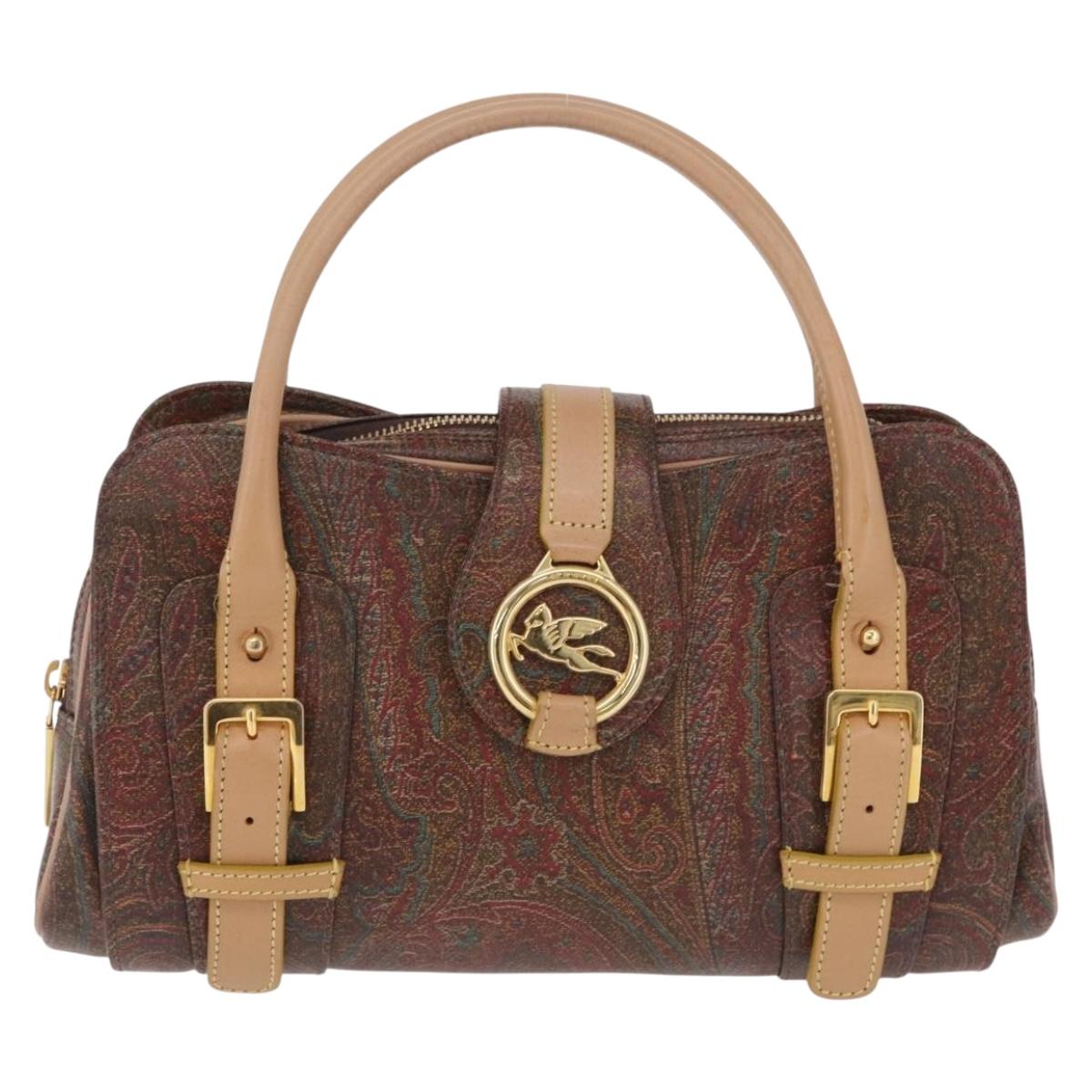 ETRO Hand Bag PVC Canvas Brown Gold Auth 208375V