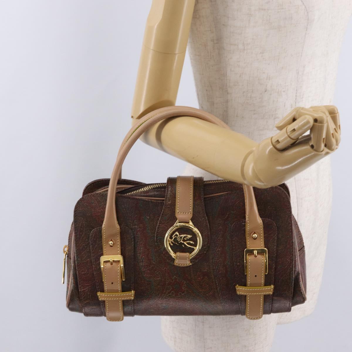 ETRO Hand Bag PVC Canvas Brown Gold Auth 208375V