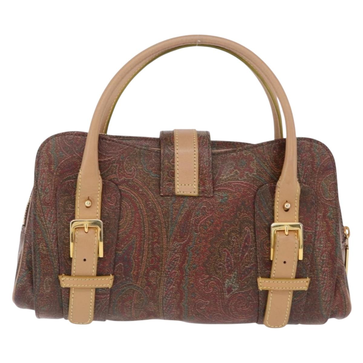 ETRO Hand Bag PVC Canvas Brown Gold Auth 208375V