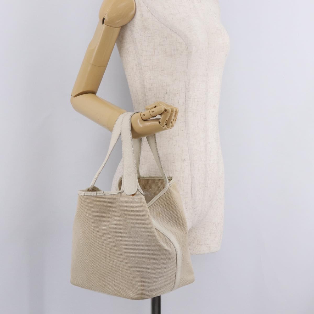 HERMES Picotan MM Hand Bag Canvas Beige Silver Auth 208376