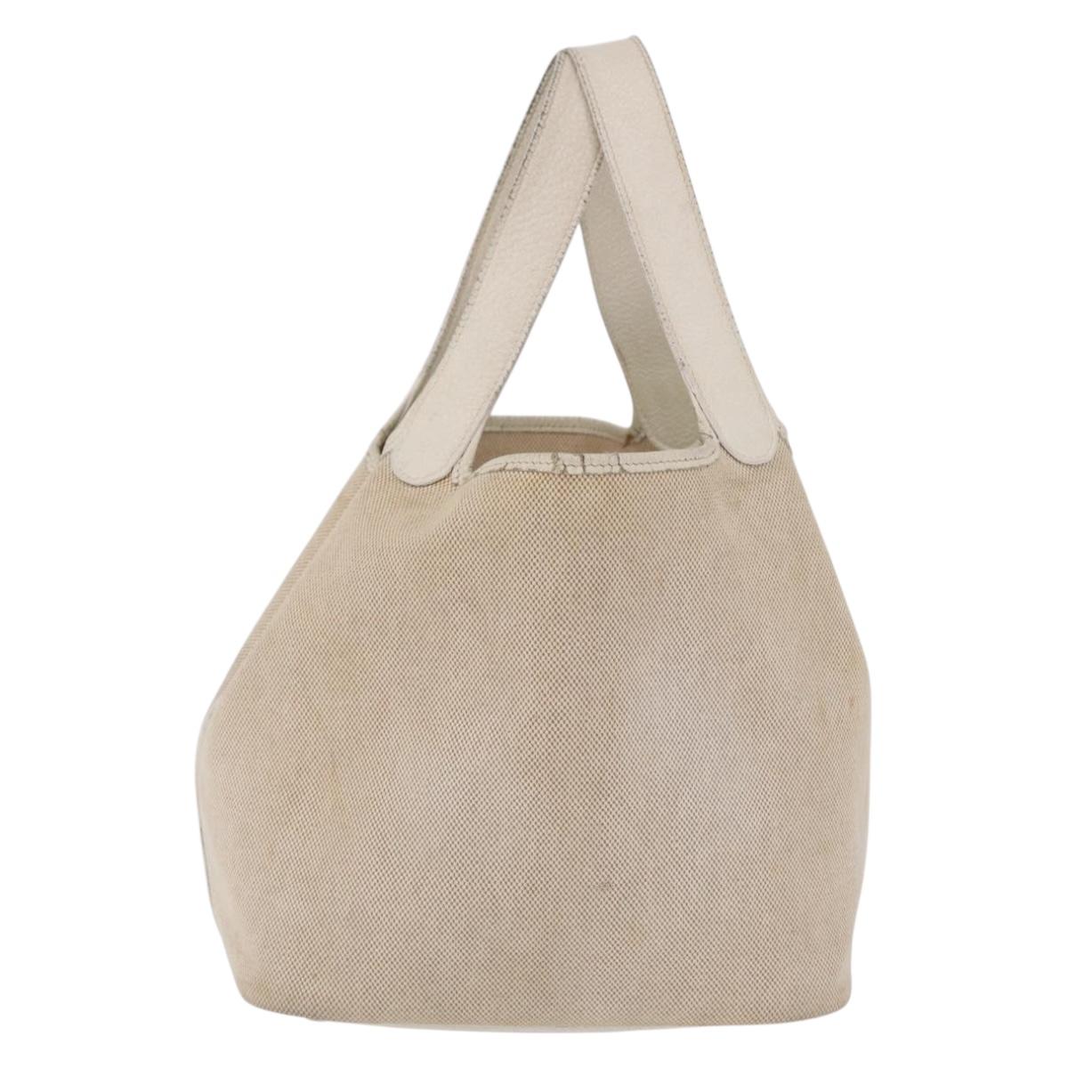 HERMES Picotan MM Hand Bag Canvas Beige Silver Auth 208376