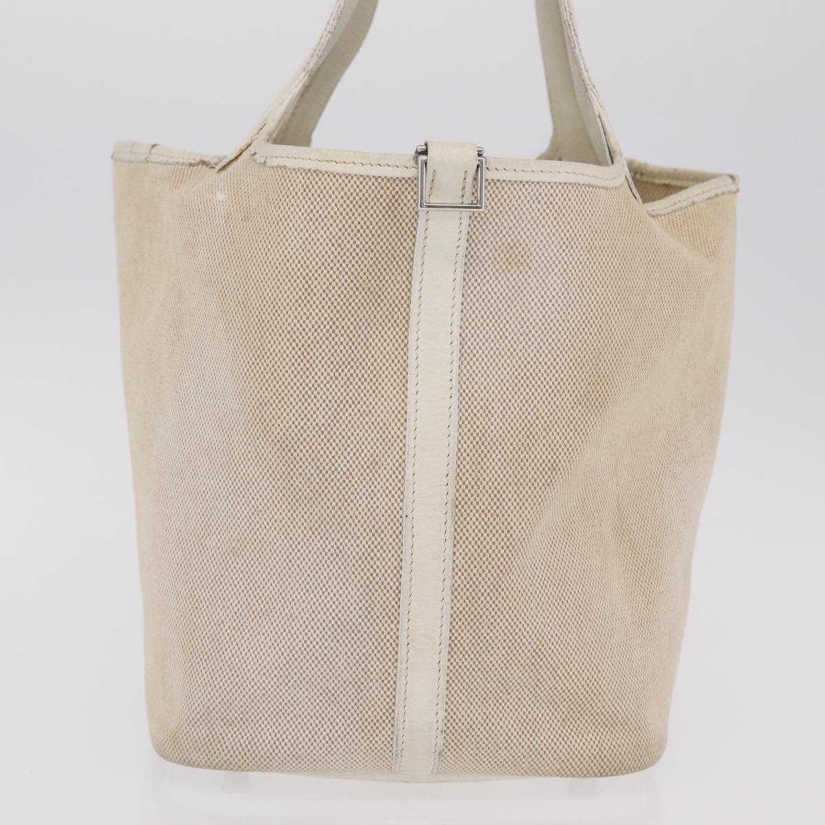 HERMES Picotan MM Hand Bag Canvas Beige Silver Auth 208376