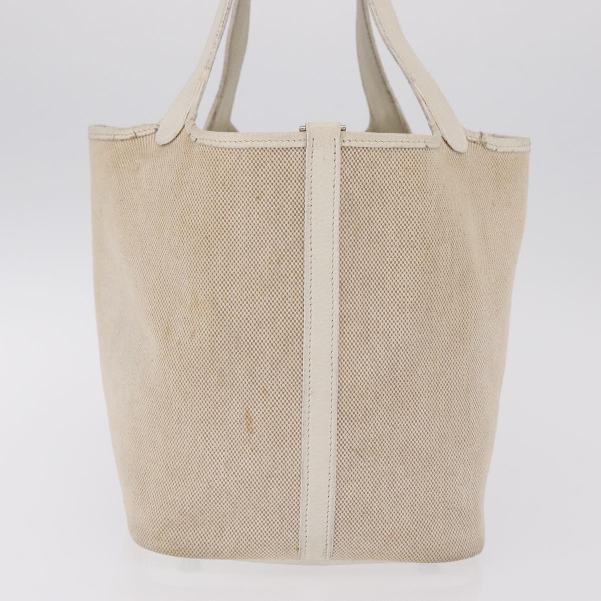HERMES Picotan MM Hand Bag Canvas Beige Silver Auth 208376