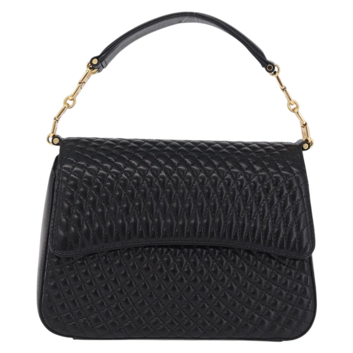 Bally Hand Bag Leather Black Gold Tone Auth 208384V