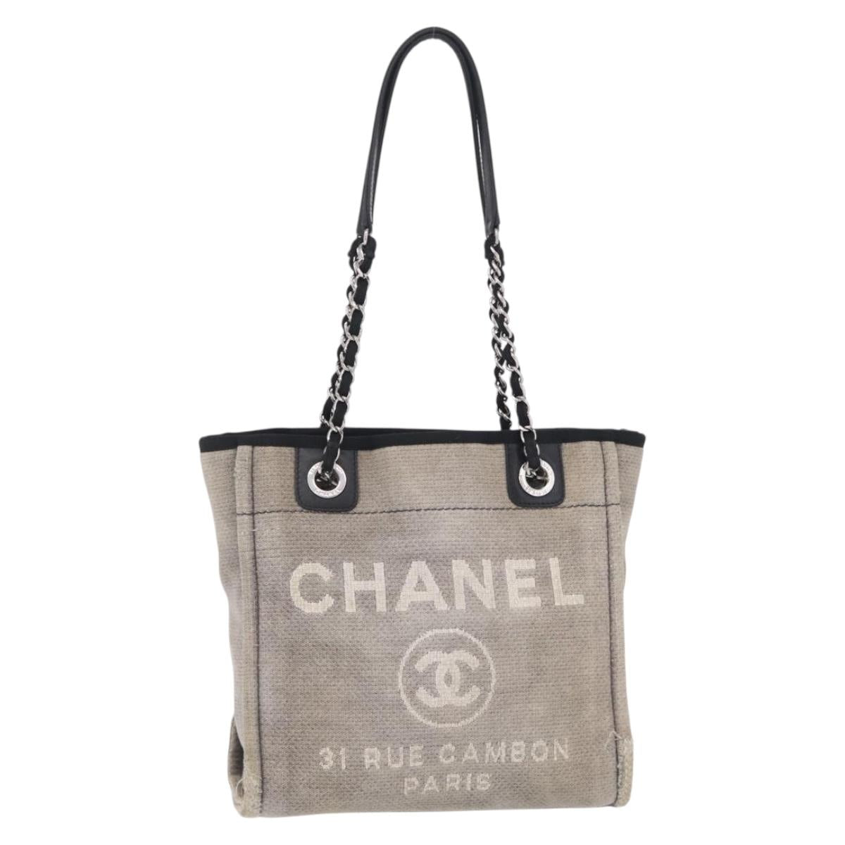 CHANEL Chain Deauville Tote Bag Canvas Gray Silver CC Auth 208386