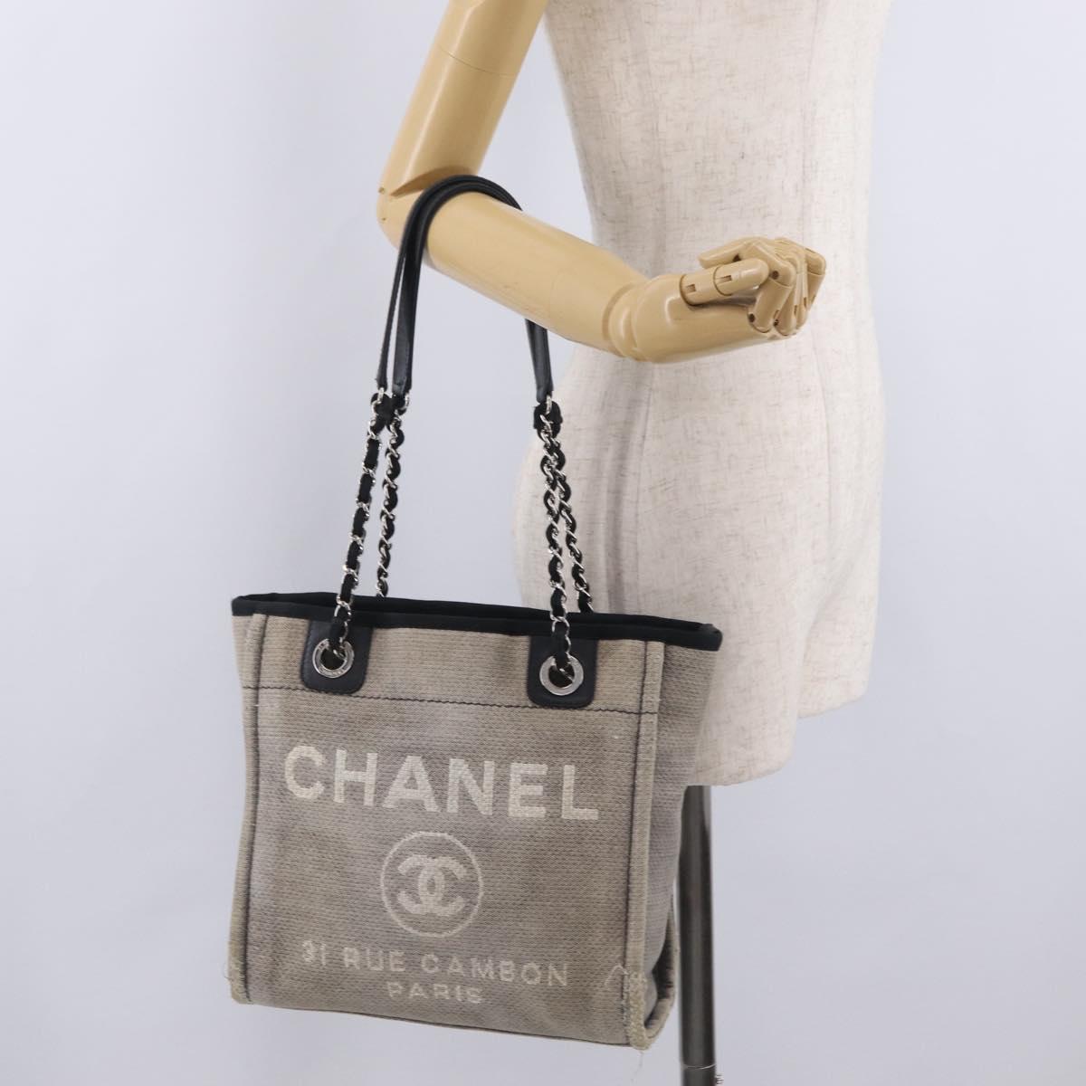 CHANEL Chain Deauville Tote Bag Canvas Gray Silver CC Auth 208386