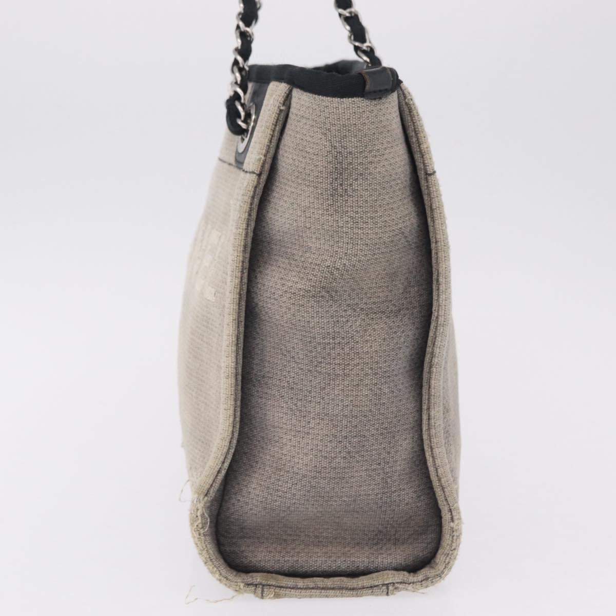 CHANEL Chain Deauville Tote Bag Canvas Gray Silver CC Auth 208386