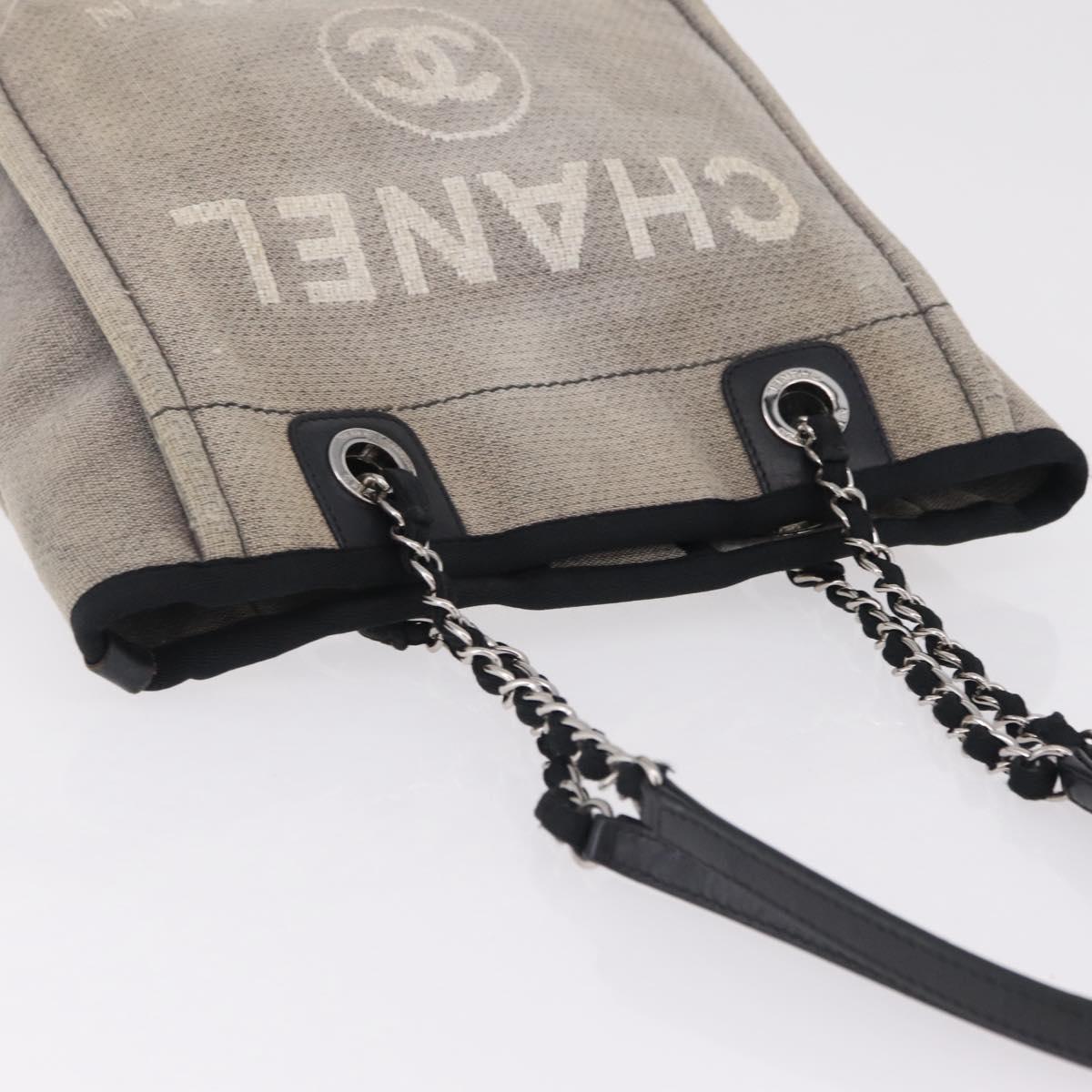 CHANEL Chain Deauville Tote Bag Canvas Gray Silver CC Auth 208386