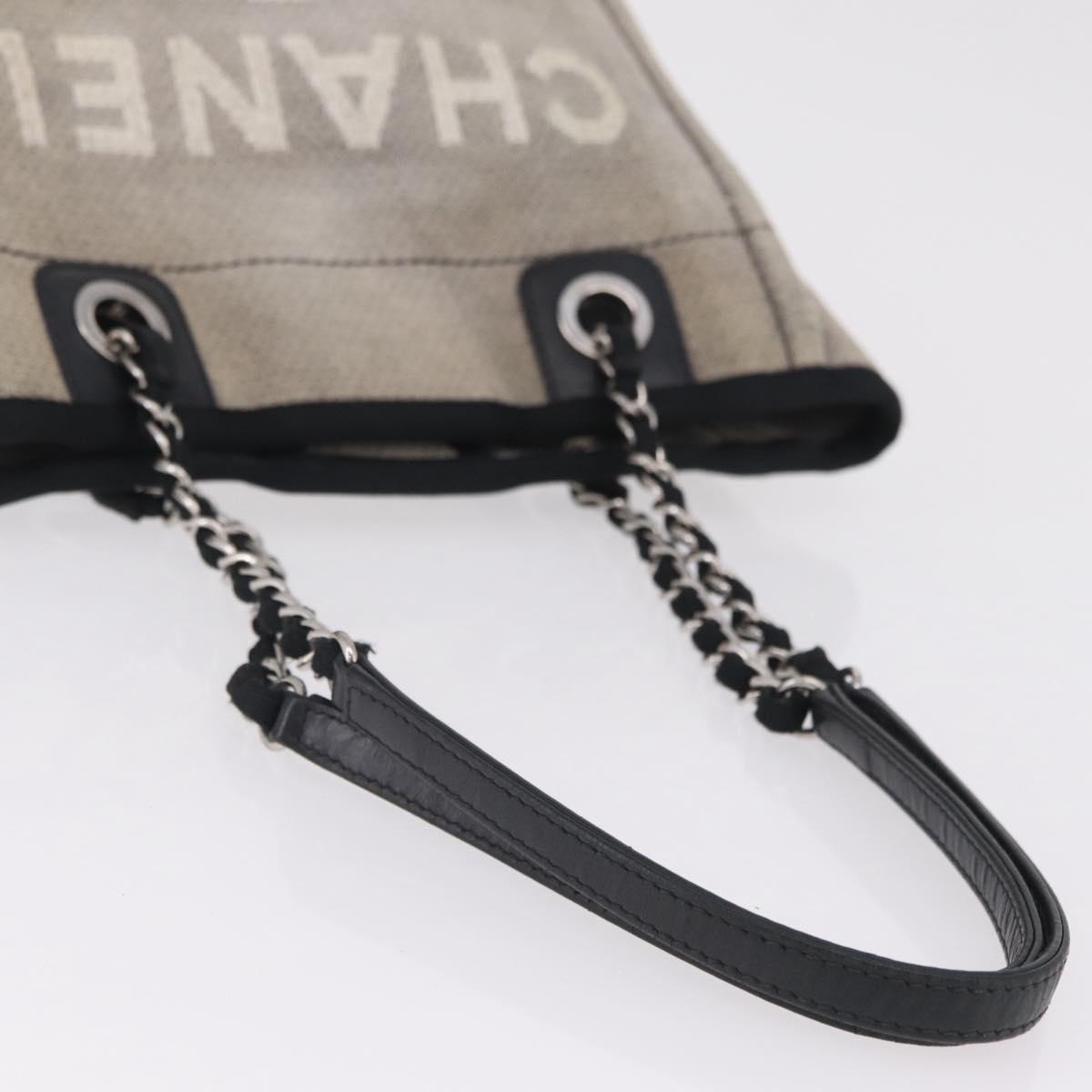 CHANEL Chain Deauville Tote Bag Canvas Gray Silver CC Auth 208386