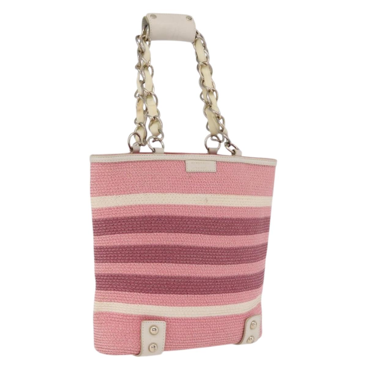 BURBERRY Blue Label Chain Tote Bag Raffia Pink Gold Auth 208388A