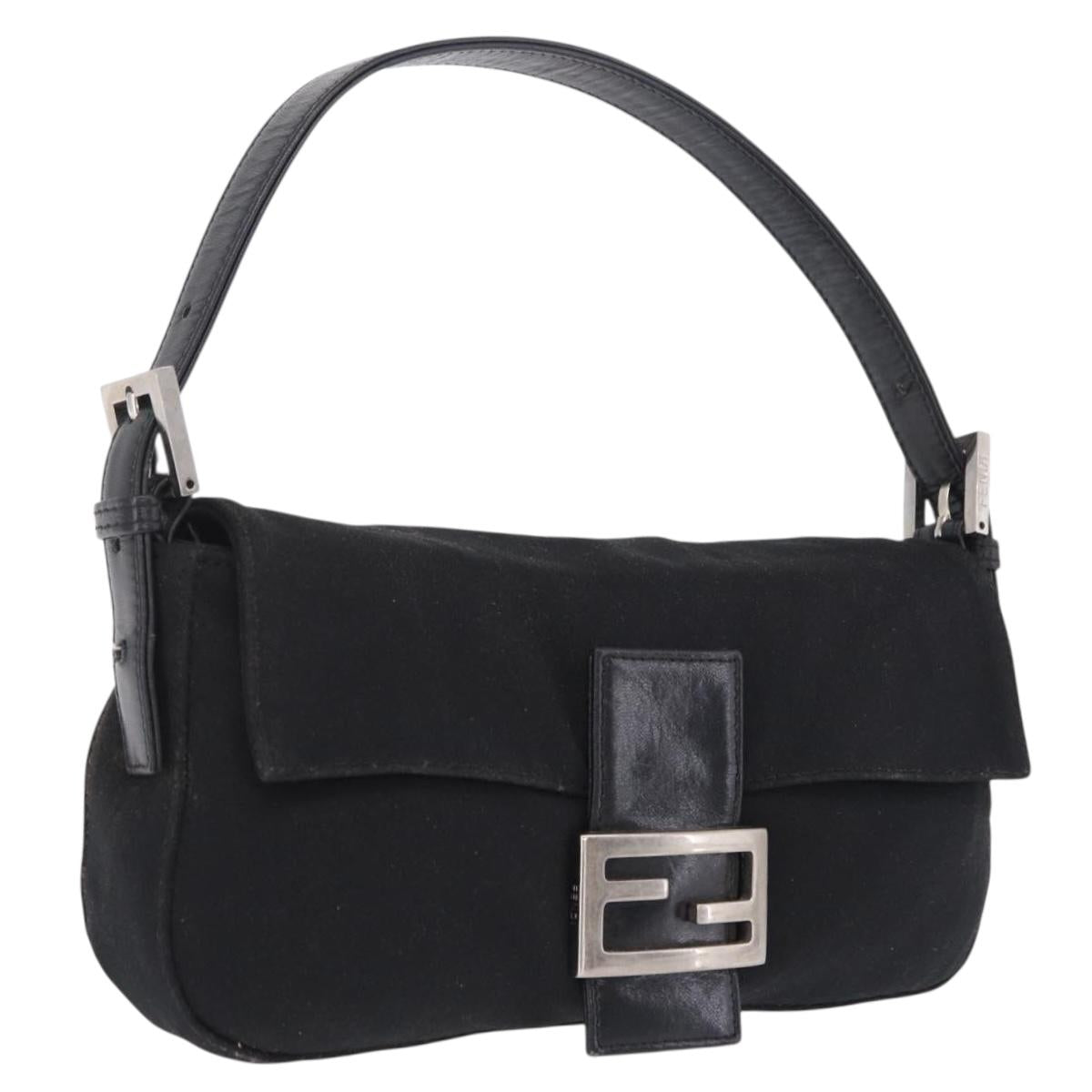FENDI Mamma Baguette Shoulder Bag Cotton jersey Black Silver Auth 208392