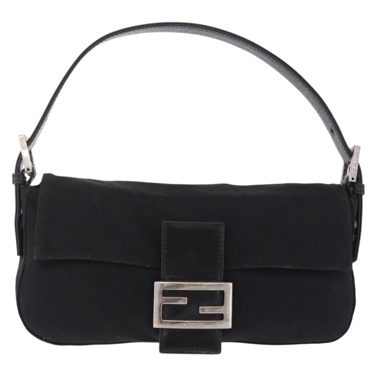 FENDI Mamma Baguette Shoulder Bag Cotton jersey Black Silver Auth 208392