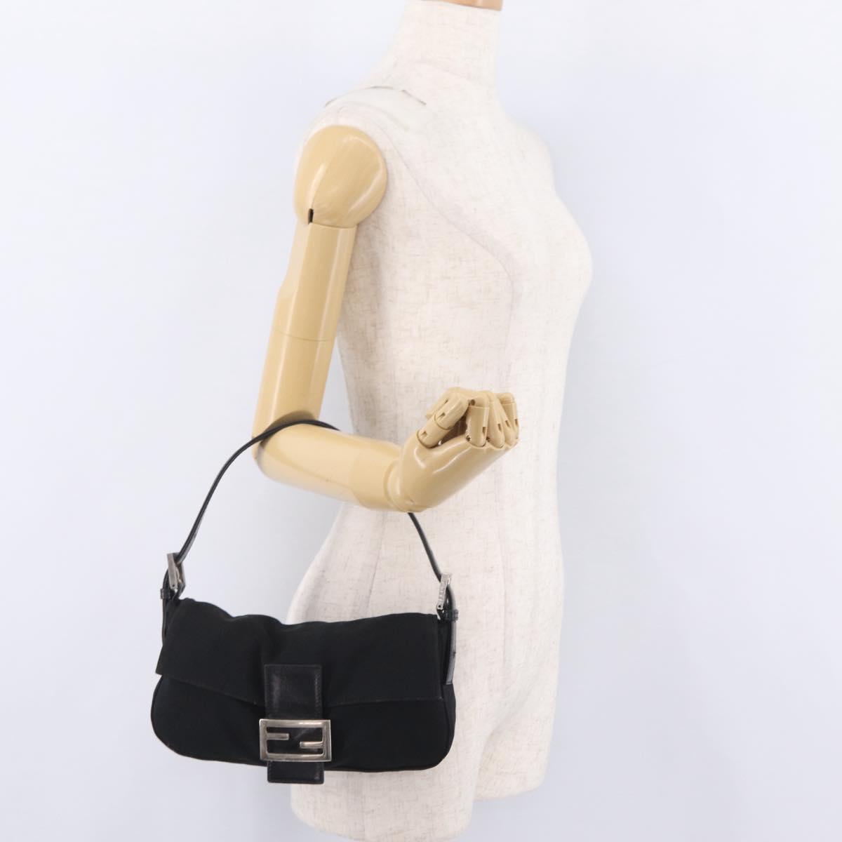 FENDI Mamma Baguette Shoulder Bag Cotton jersey Black Silver Auth 208392
