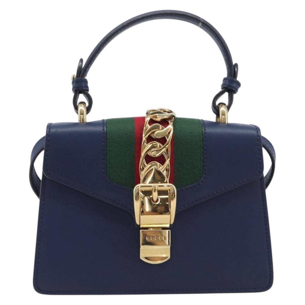 GUCCI Silvi Web Sherry Line Hand Bag Leather 2way Navy Gold 470270 Auth 208399V