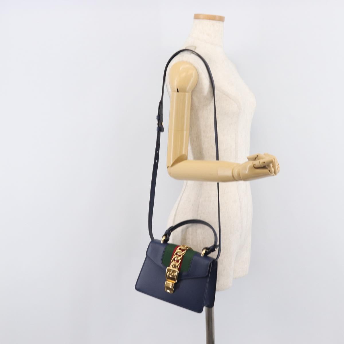 GUCCI Silvi Web Sherry Line Hand Bag Leather 2way Navy Gold 470270 Auth 208399V