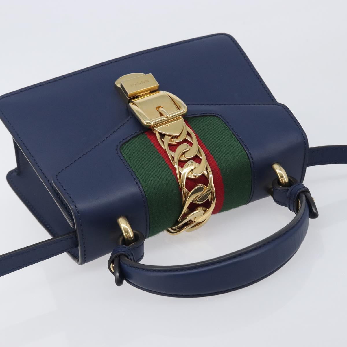 GUCCI Silvi Web Sherry Line Hand Bag Leather 2way Navy Gold 470270 Auth 208399V