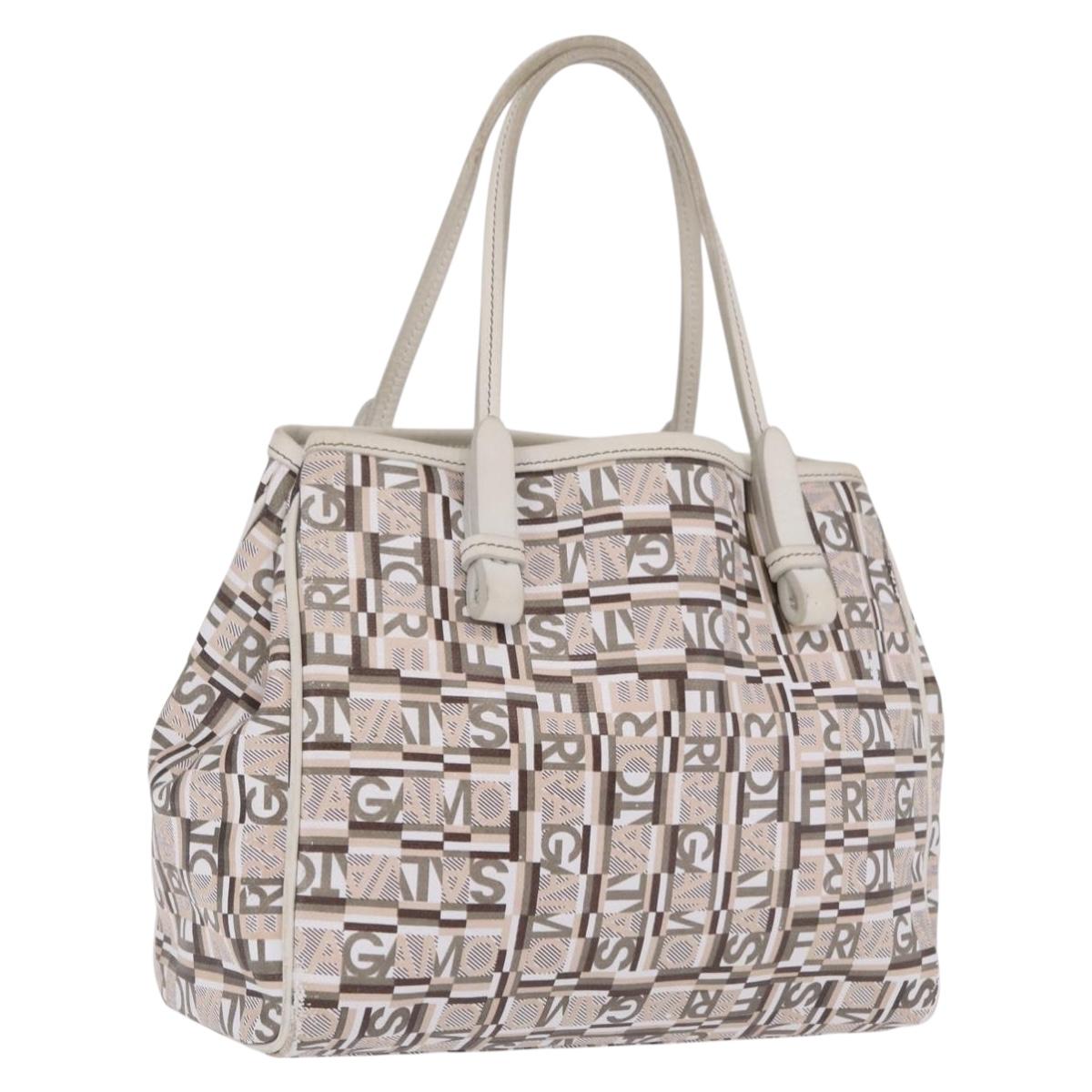 Salvatore Ferragamo Hand Bag PVC Canvas White Silver Auth 208428