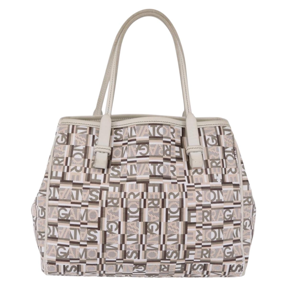 Salvatore Ferragamo Hand Bag PVC Canvas White Silver Auth 208428