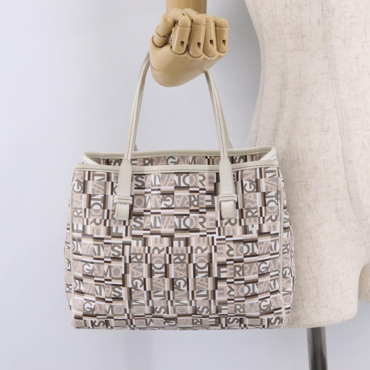 Salvatore Ferragamo Hand Bag PVC Canvas White Silver Auth 208428