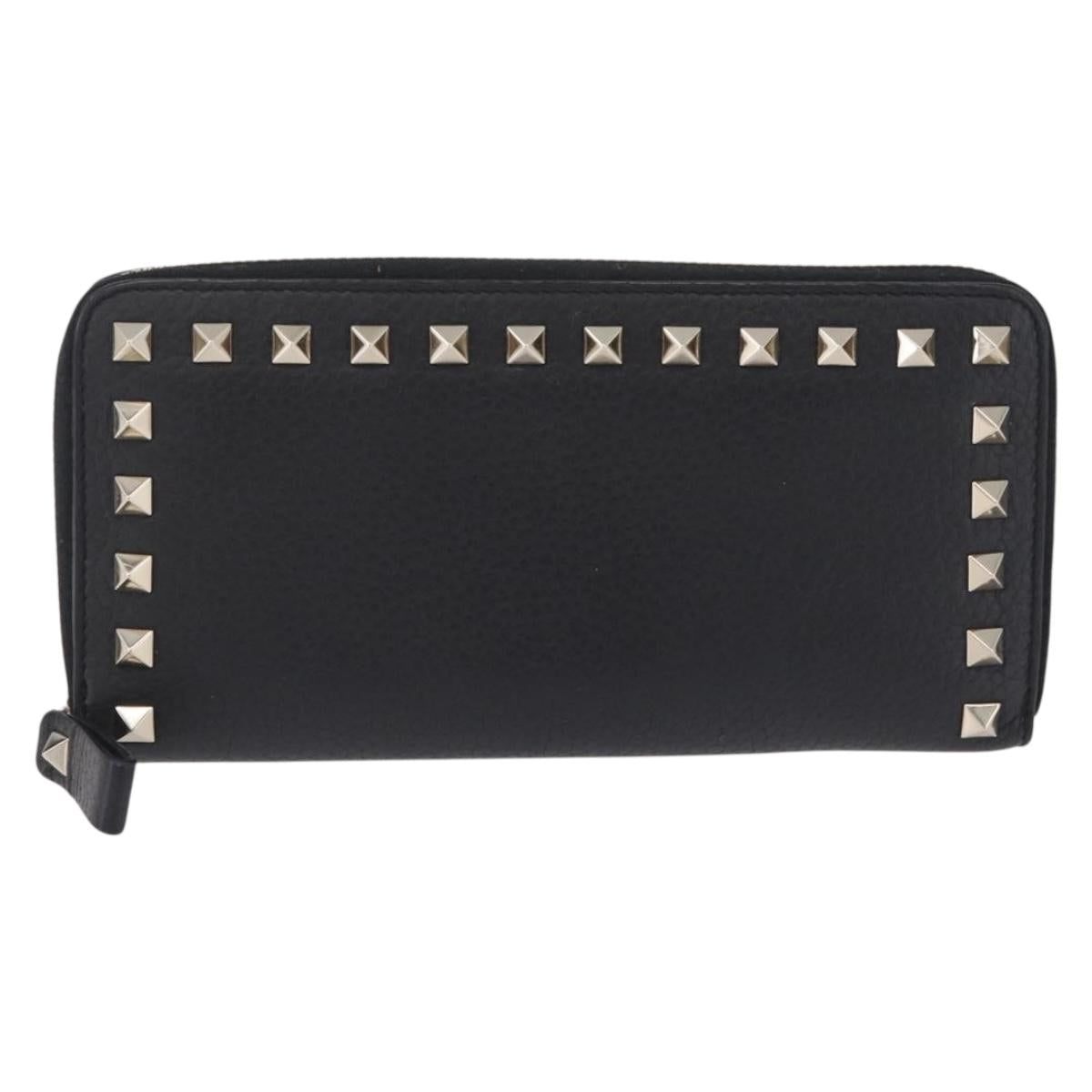 Valentino Rock Studs Long Wallet Leather Black Gold Auth 208442A