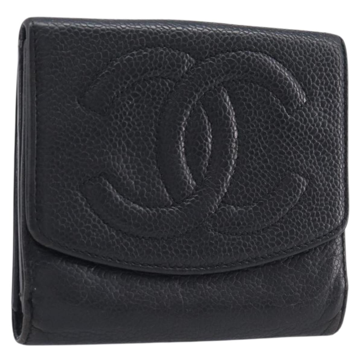 CHANEL Wallet Caviar Skin Black Gold CC Auth 208447