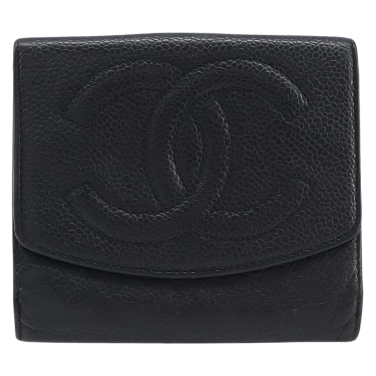 CHANEL Wallet Caviar Skin Black Gold CC Auth 208447