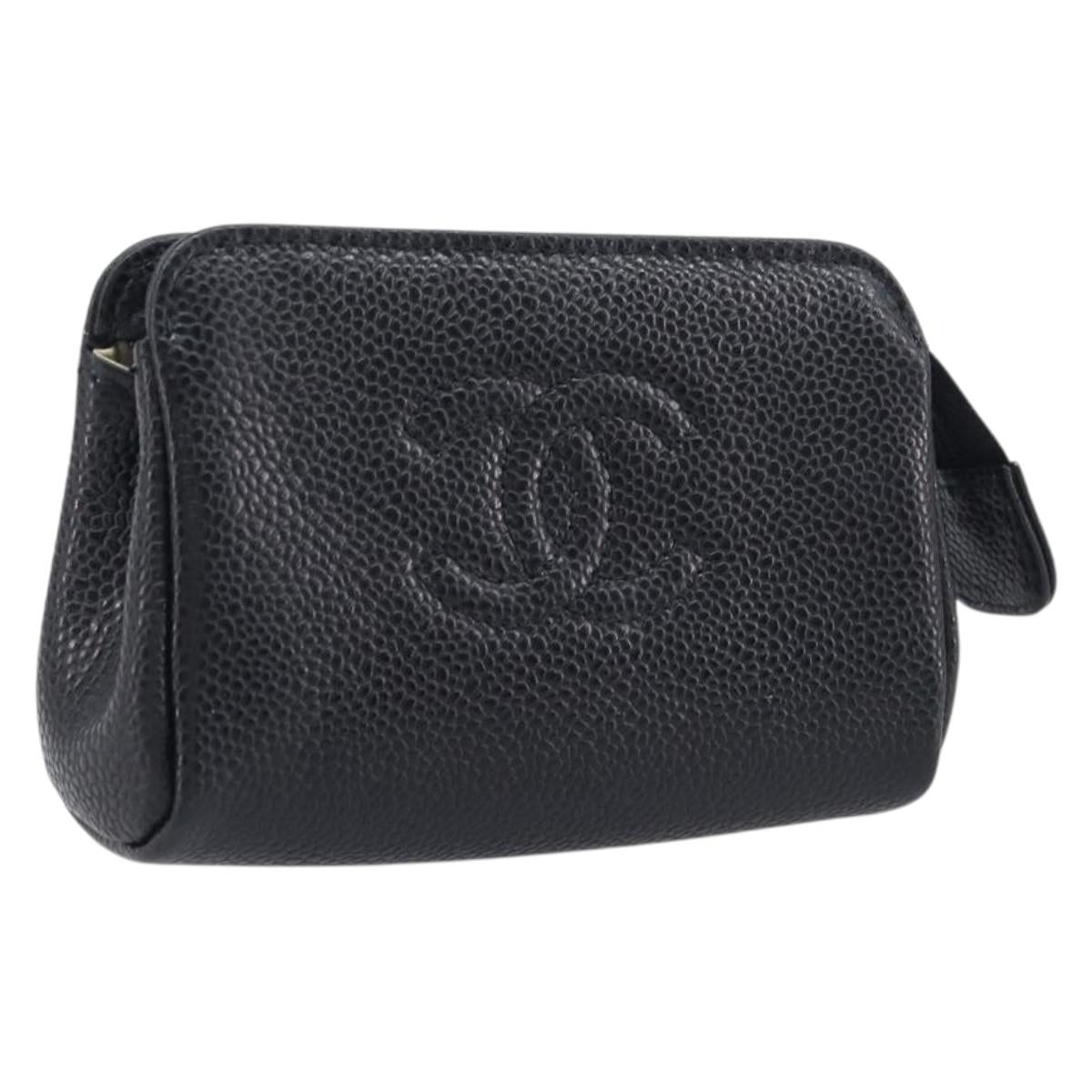 CHANEL Pouch Caviar Skin Black Gold CC Auth 208459