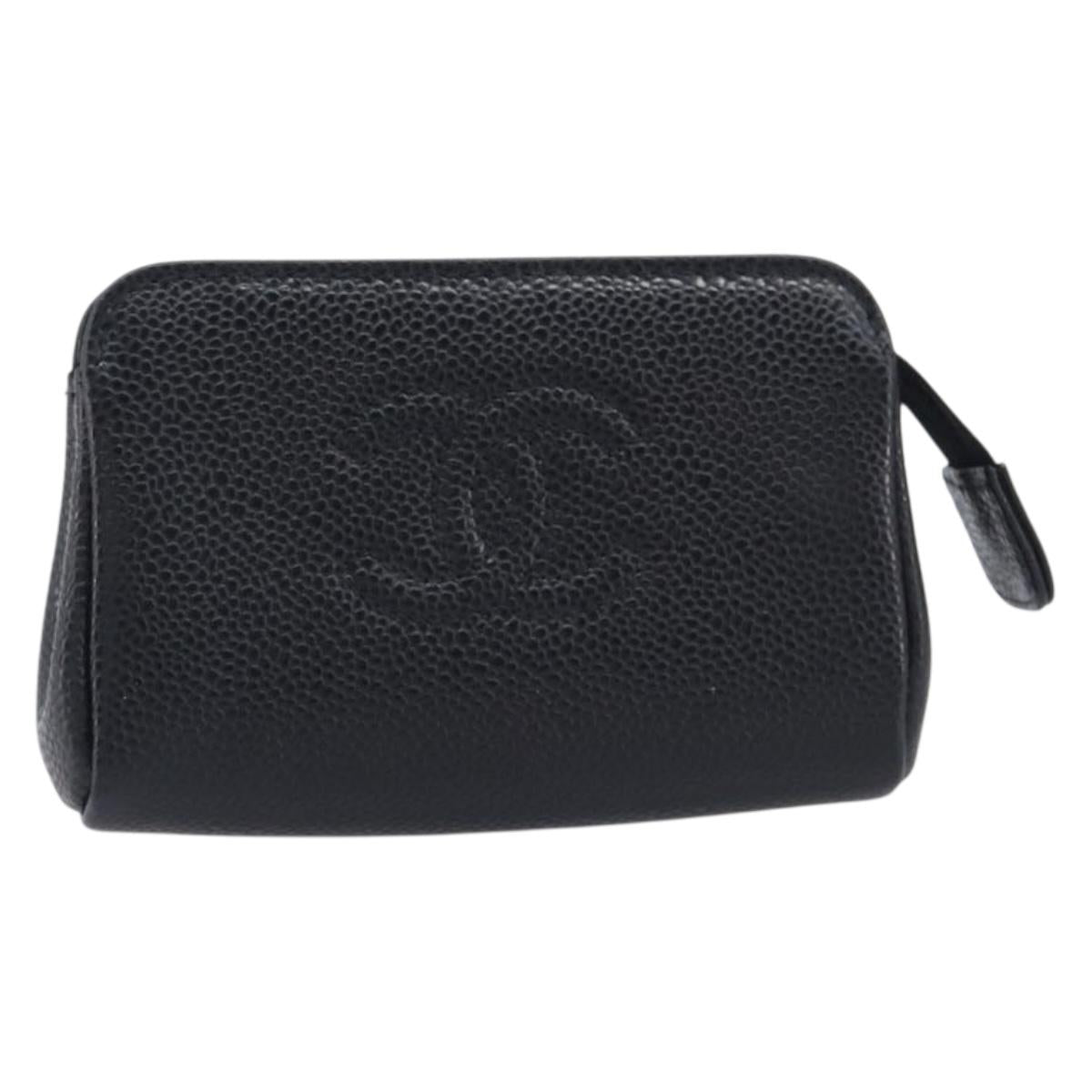 CHANEL Pouch Caviar Skin Black Gold CC Auth 208459