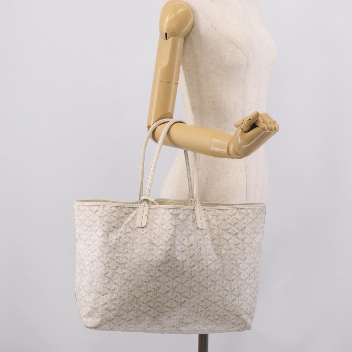 Goyard Herringbone Saint Louis PM Tote Bag PVC White Silver Auth 208478