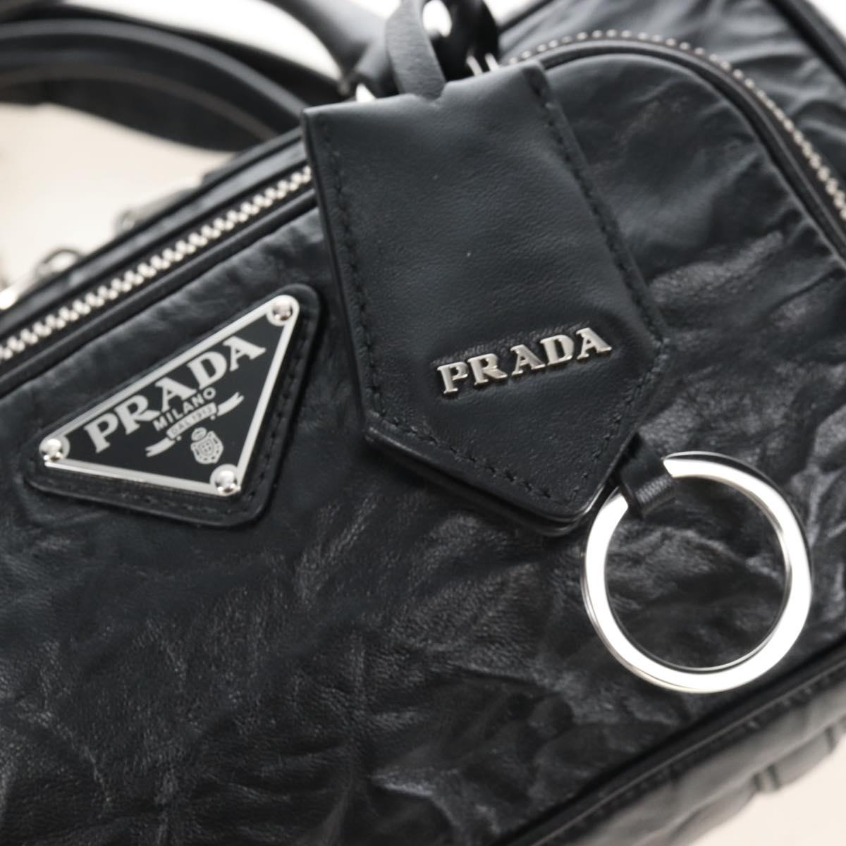 PRADA Hand Bag Leather 2way Black Silver Auth 208497SAM