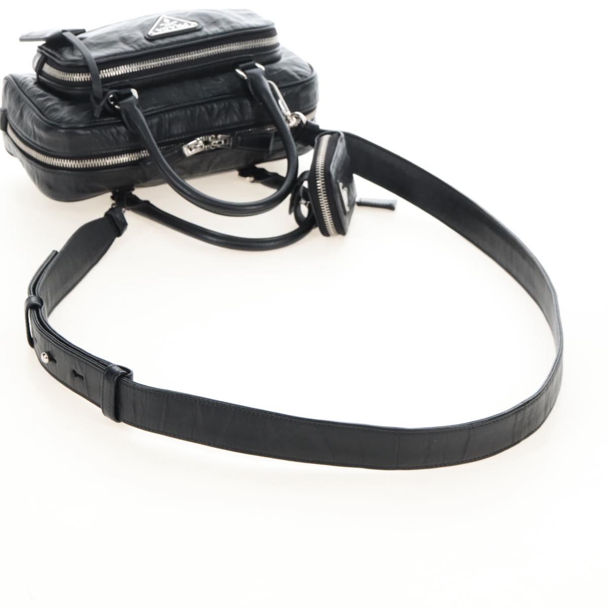 PRADA Hand Bag Leather 2way Black Silver Auth 208497SAM