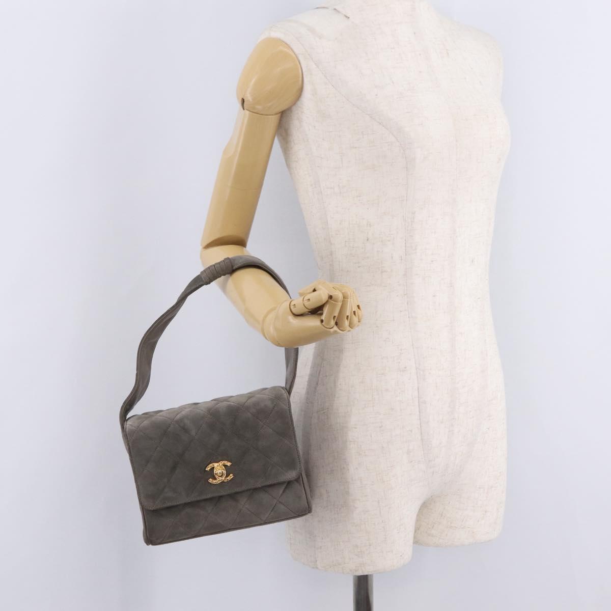 CHANEL Matelasse Shoulder Bag Suede Gray Gold Tone CC Auth 208499V