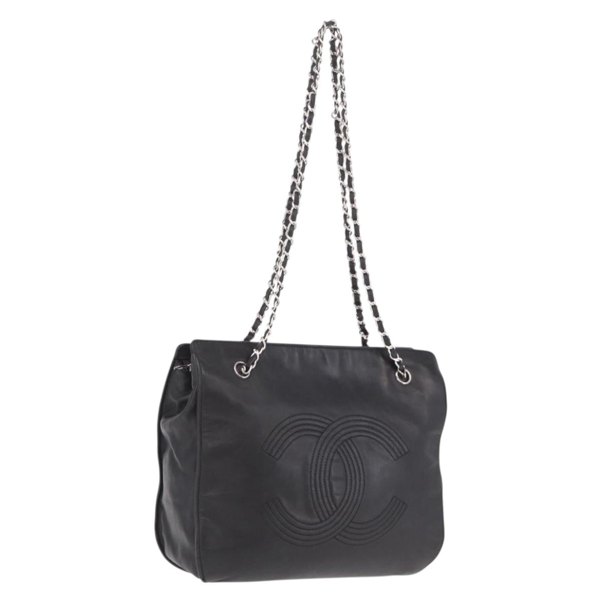 CHANEL Chain Shoulder Tote Bag Leather Black Silver CC Auth 208514A