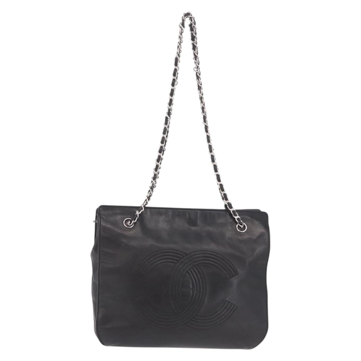 CHANEL Chain Shoulder Tote Bag Leather Black Silver CC Auth 208514A