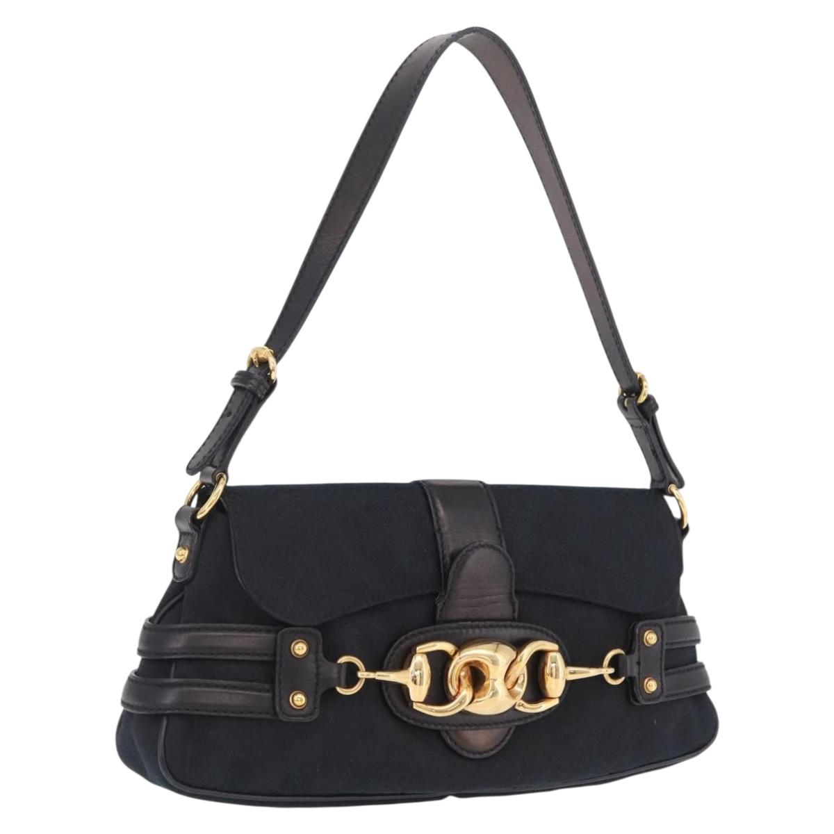 GUCCI GG Canvas Horsebit Shoulder Bag Black Gold Tone 159402 Auth 208521V