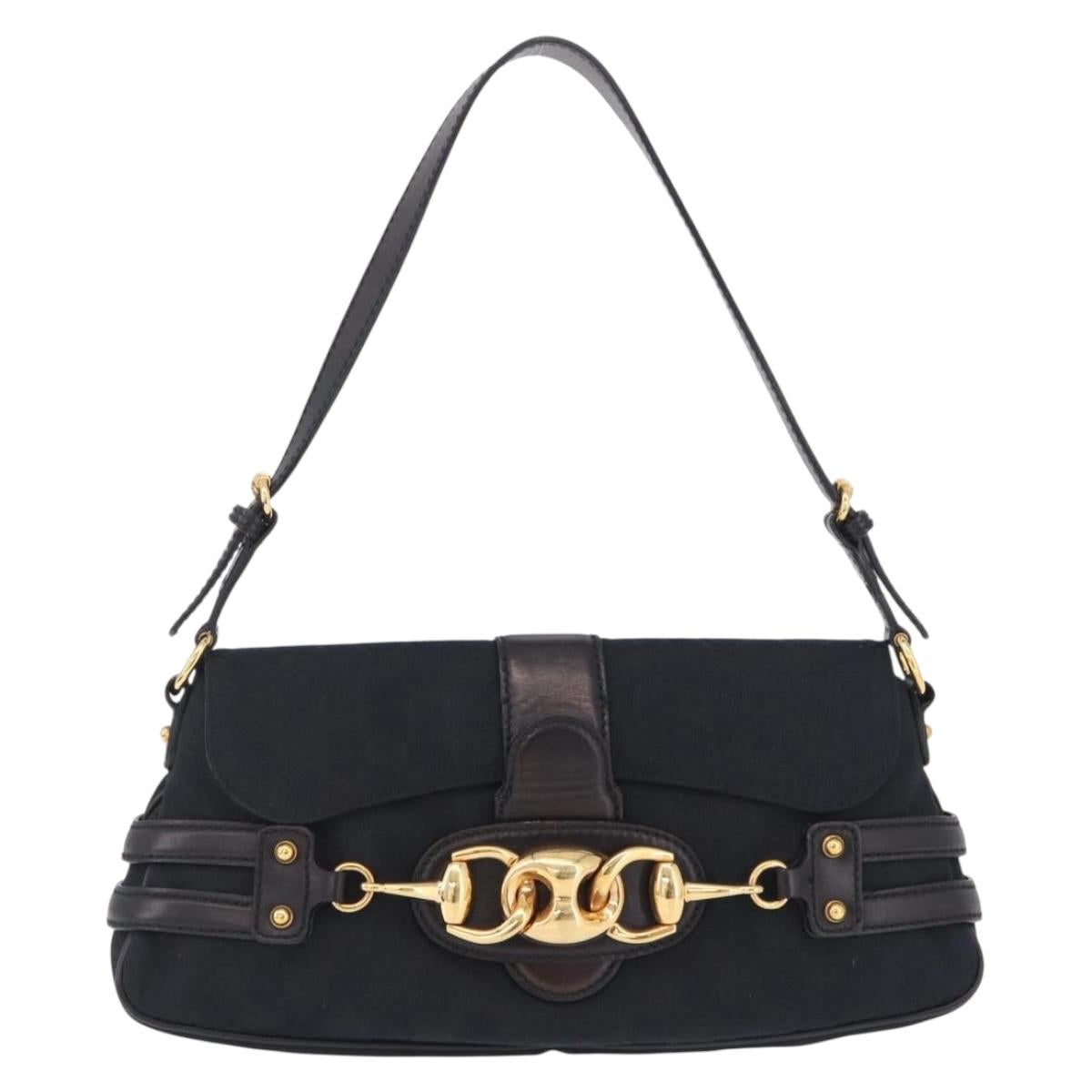GUCCI GG Canvas Horsebit Shoulder Bag Black Gold Tone 159402 Auth 208521V