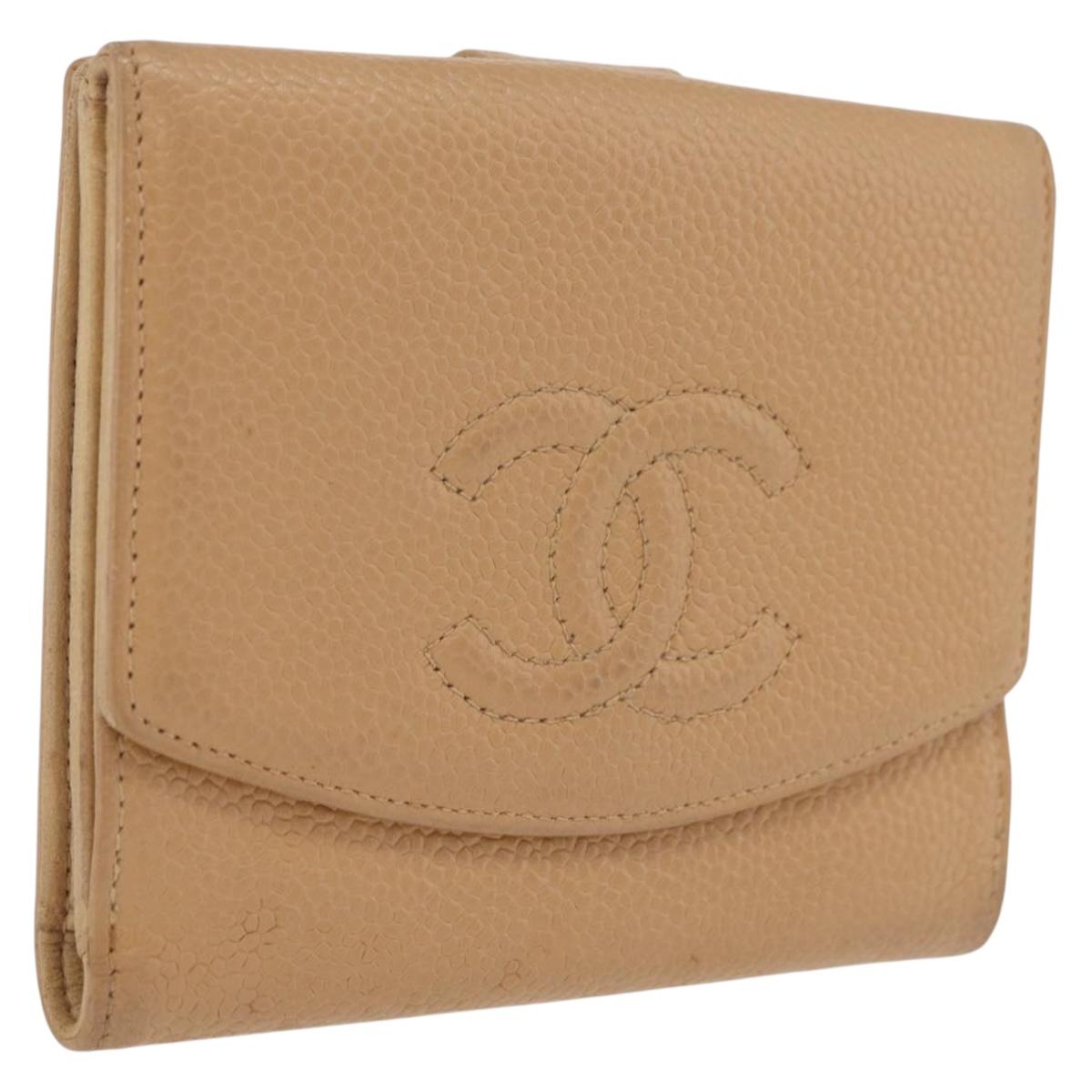 CHANEL Wallet Caviar Skin Beige CC Auth 208527