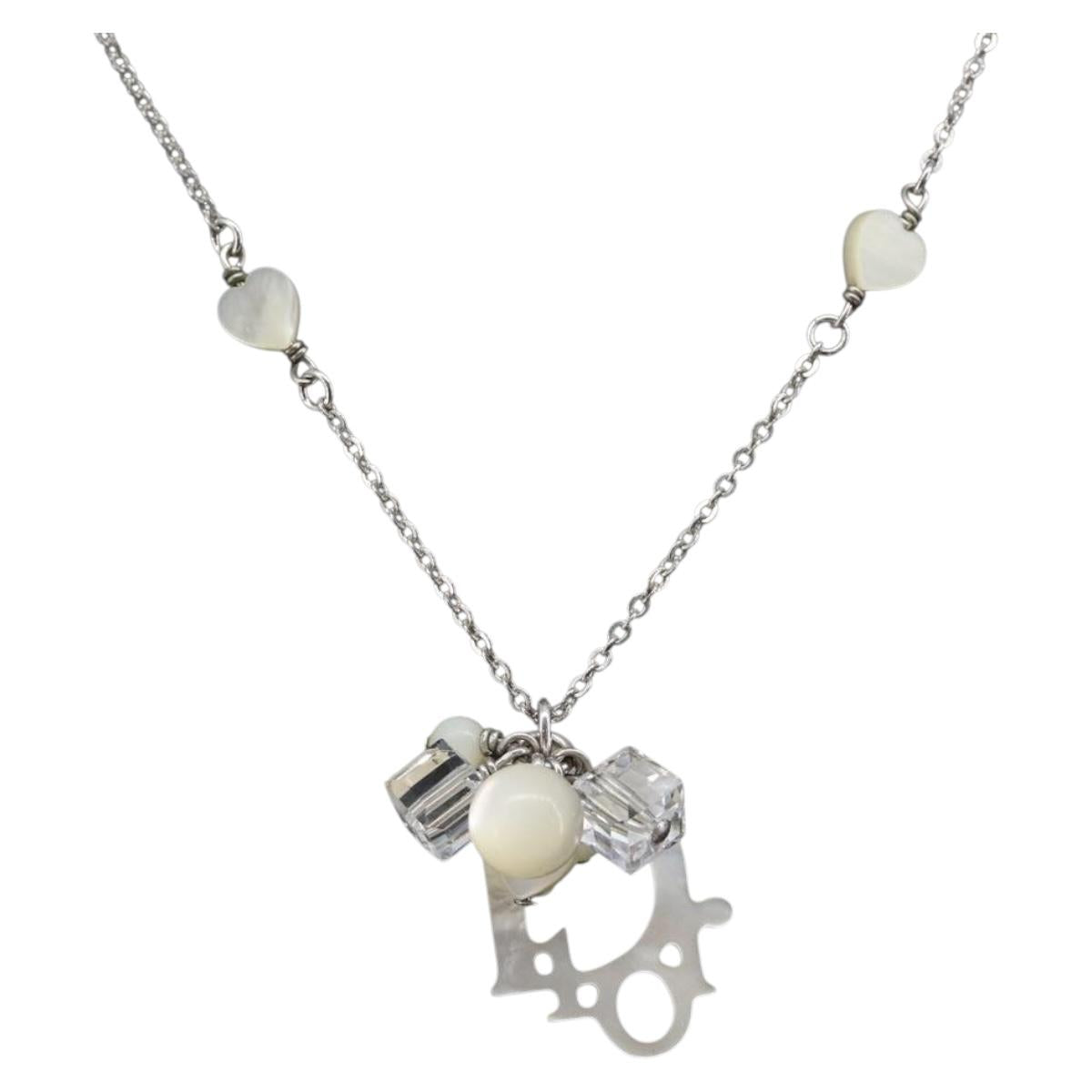 Christian Dior Necklace Metal Silver White Auth 208535V