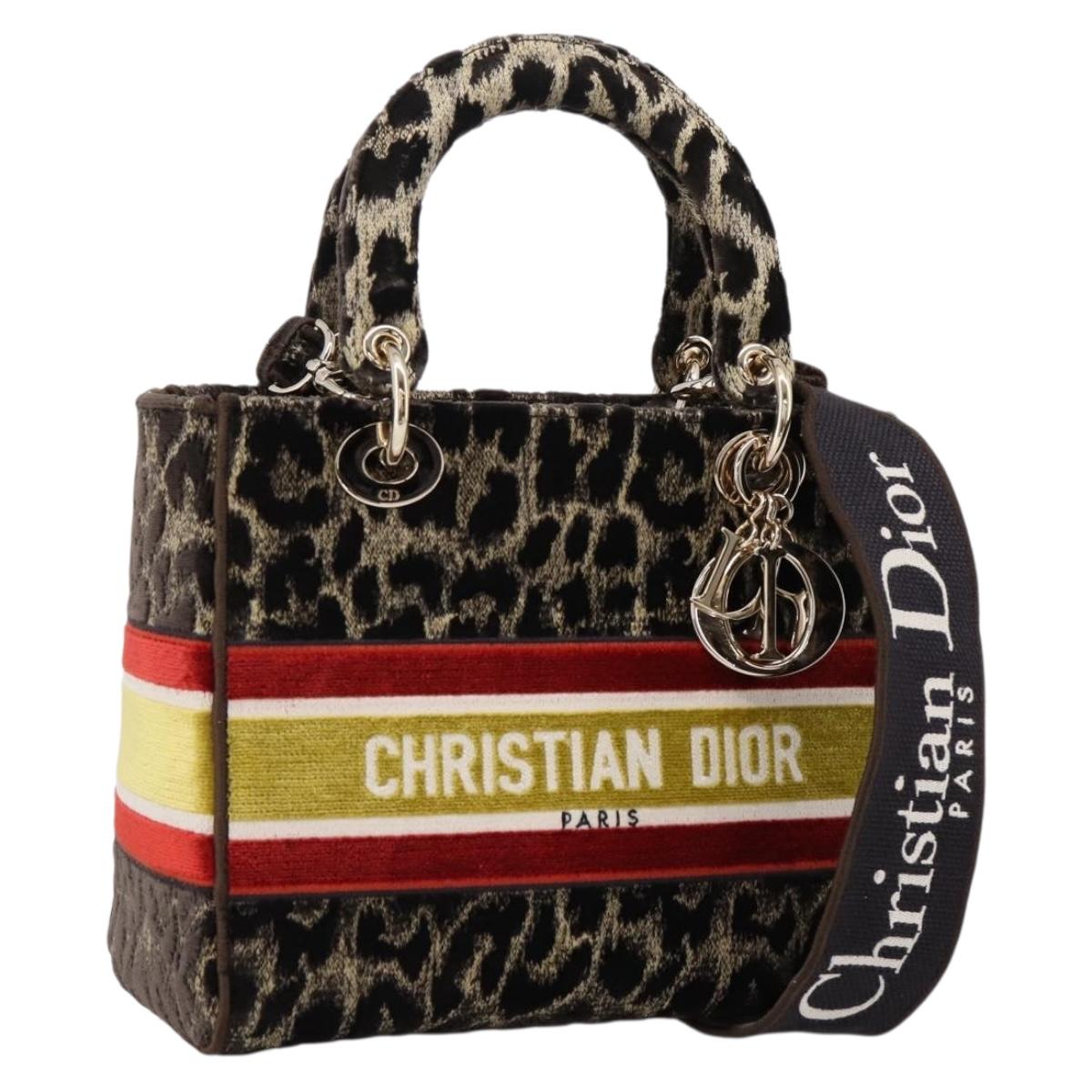 Christian Dior Leopard Velvet D-light Bag Velor 2way Brown Gold Auth 208553SAM