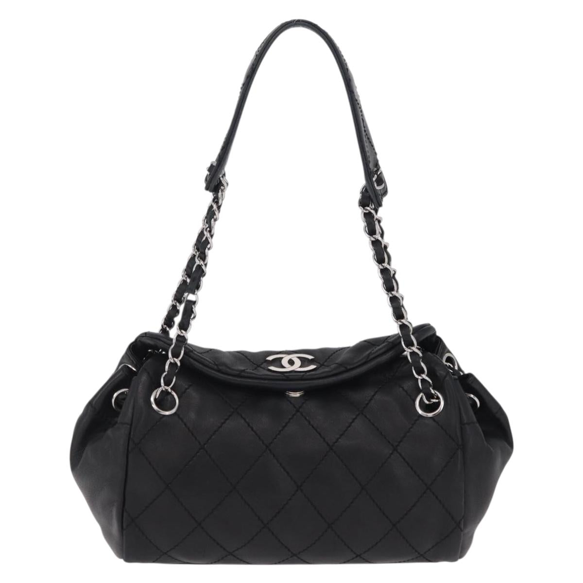 CHANEL Chain Shoulder Bag Lamb Skin Black Silver CC Auth 208559M