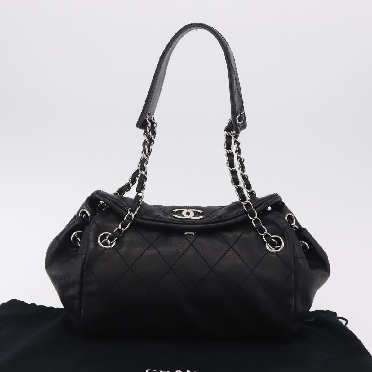 CHANEL Chain Shoulder Bag Lamb Skin Black Silver CC Auth 208559M