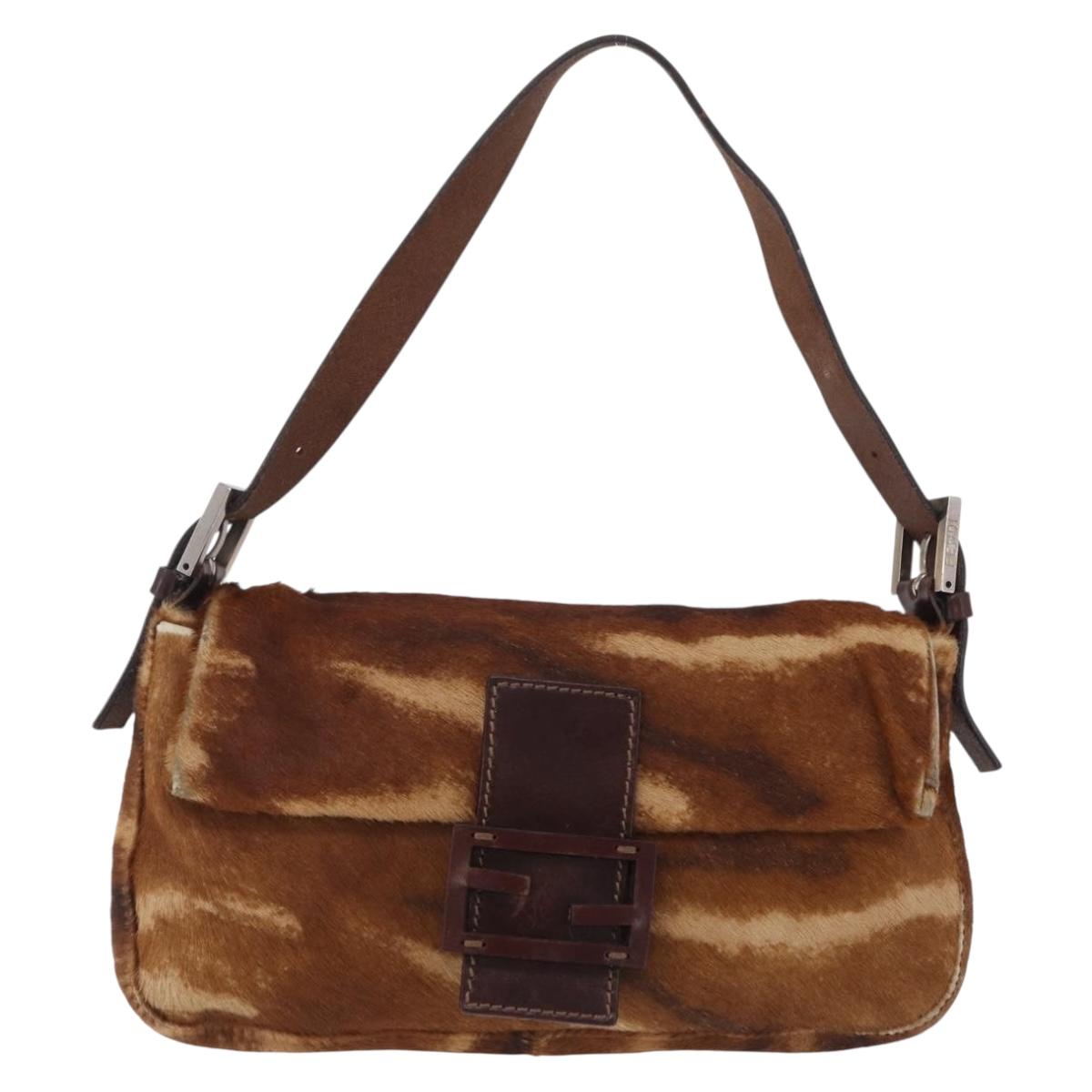 FENDI Mamma Baguette Shoulder Bag Harako Leather Brown Silver 26424 Auth 208565V
