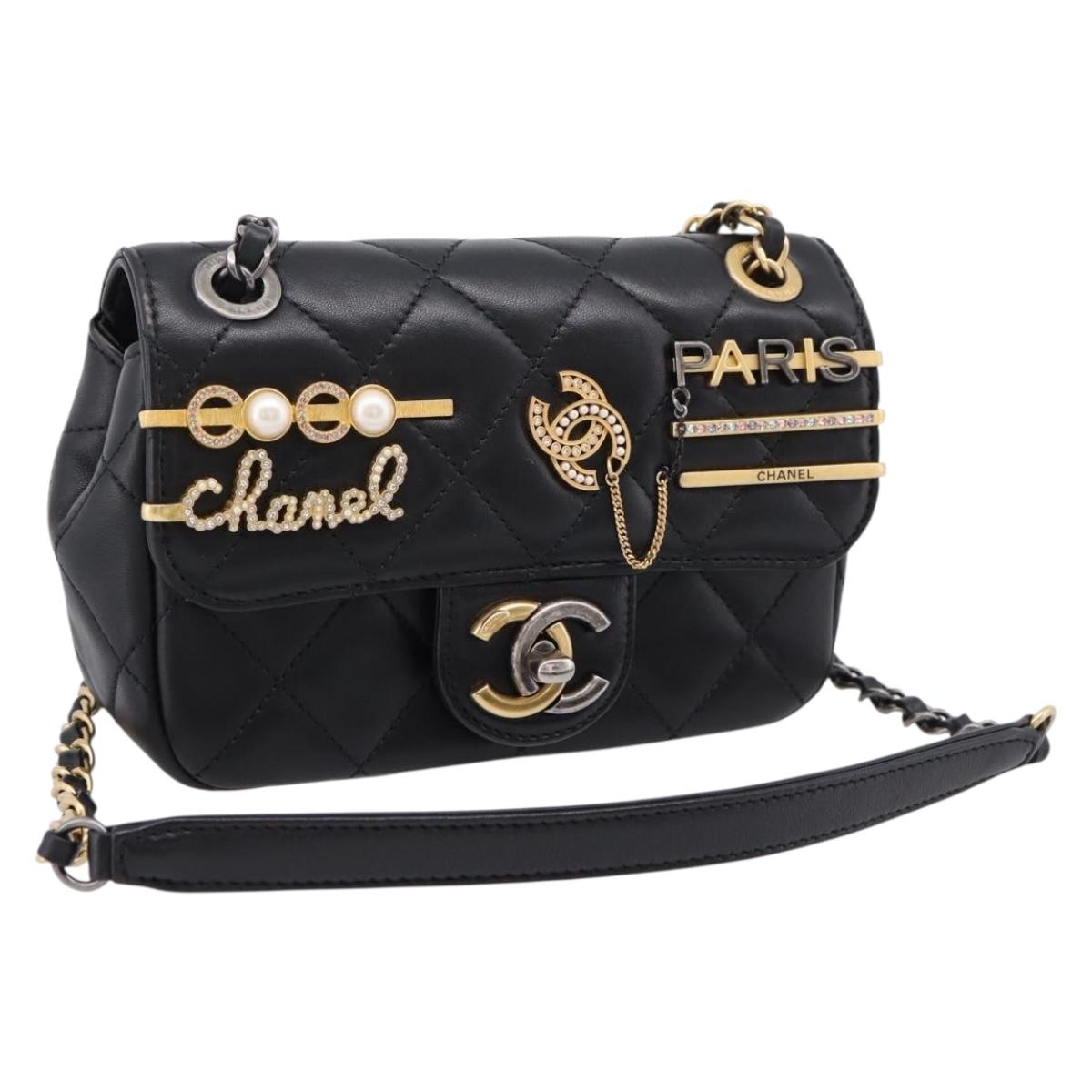 CHANEL Mini Matelasse Shoulder Bag Lamb Skin Black Gold Silver CC Auth 208572SM