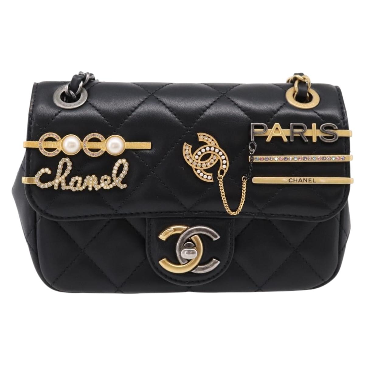 CHANEL Mini Matelasse Shoulder Bag Lamb Skin Black Gold Silver CC Auth 208572SM
